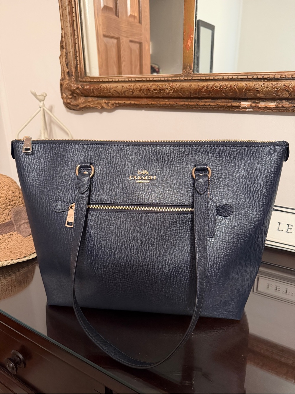 Coach Navy Gallery Tote Leather Zip-Top Tote with Gold Accents
